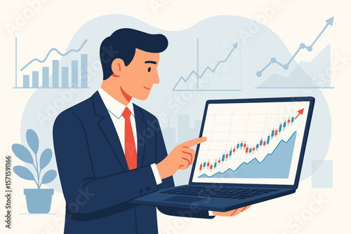 Businessman analyzing stock market growth on laptop. Trader with candlestick chart showing success. Financial investment concept. Bull market, economic profit and data analysis.