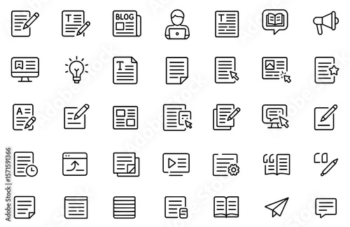 Copywriting icon set editable stroke line art, vector illustration, content writing, article creation, blog author, storytelling symbols, marketing glyphs, editorial design elements.