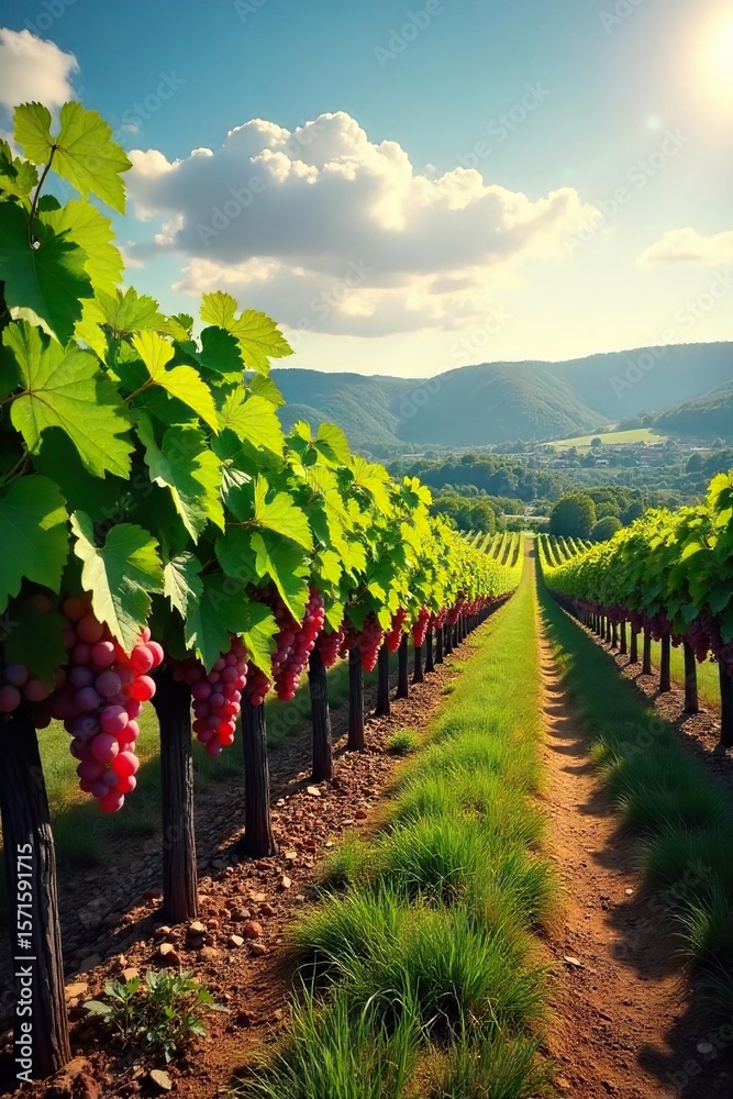 Sun-Drenched Vineyard at Harvest Ripe Grapes Hanging Heavy on Vines Stretching to a Distant Hillside, picturesque autumn landscape Sun-Drenched Vineyard at Harvest Ripe Grapes Hanging Heavy on Vines Stretching to a Distant Hillside, picturesque autumn landscape