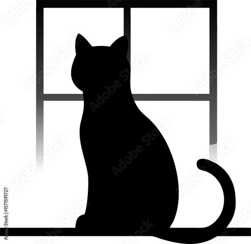 Gray cat sitting on windowsill looking outside vector illustration design