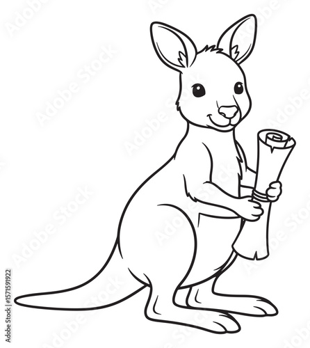 Cartoon Kangaroo Holding a Diploma Outline Vector Illustration