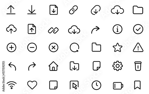 Line editable download icon set, upload, document, link, file, data management, transfer, network, cloud storage, document workflow automation, cloud sync, folder organization vector illustration.