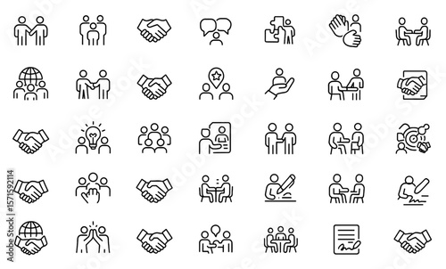 Partnership collaboration line icon set, editable stroke, vector illustration, corporate alliance, business network, team synergy, handshake concept, outline design, minimalist icons.