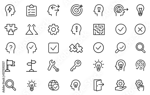 Editable line icon set for solution, problem solving, answer and alternative paths, issue resolution, maze and decisions UI vector illustration, workflow troubleshooting icon pack.