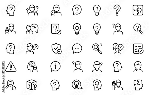Question line editable icon set for problem solving, confusion, chat support, help prompts, quiz markers, question mark symbols, UI design, interactive query icons, vector illustration.