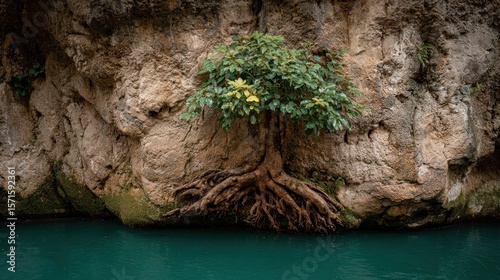 Resilience: A Tree's tenacious grip on life, rooted in stone beside tranquil teal waters.