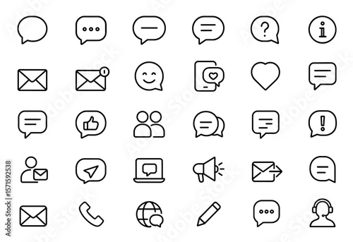 Message speech chat support conversation contact envelope discussion icon set, line editable customer support interface UI elements, online messaging communication vector illustration.