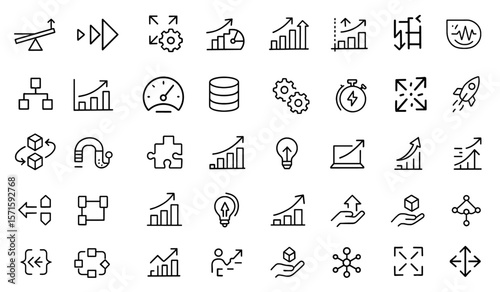 Scalability line editable icon set, performance optimization, capacity growth, adaptability, modular design, elastic scalability, scalable web interface icons, vector illustration.