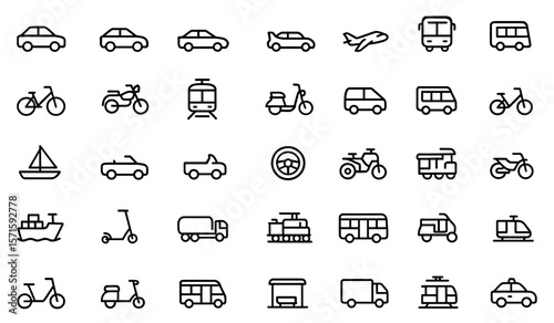 Vehicle transportation editable line icon set, car, bus, train, plane, bike, scooter, motorbike, bicycle, truck, tram, ship, helicopter, mobility network symbols, vector illustration.