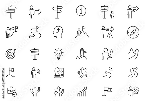 Guidance line editable icon set, editable stroke vector illustration, arrow direction, compass navigation, signpost symbol, map marker, decision support, navigation interface icons.