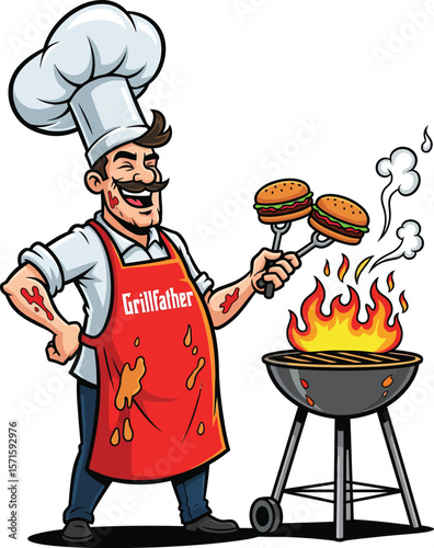 BBQ dad flipping flaming burgers with dramatic chef hat and apron that says “Grillfather” — funny cartoon vector illustration, isolated