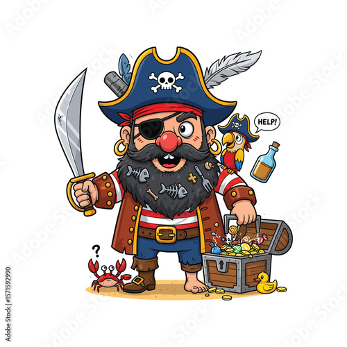 Cheerful Cartoon Pirate with Parrot and Treasure - Humorous Adventure Clipart