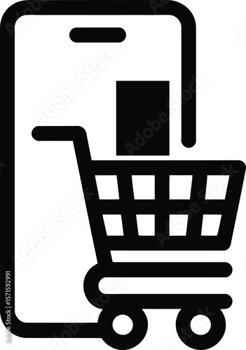 A simple, black and white line art icon depicting a shopping cart next to a smartphone.