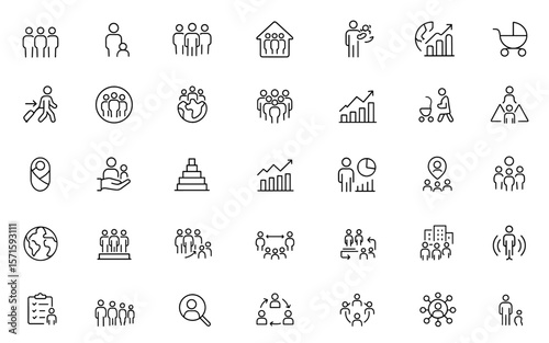 Population migration census demographic survey urbanization diversity density fertility growth citizen group people icon set, data visualization infographic design, vector illustration.