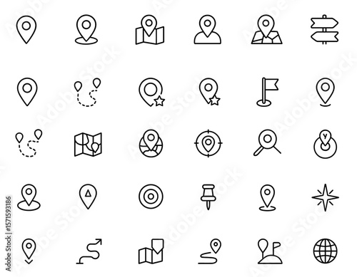 Map pin marker icon set, editable outline vector illustration, geolocation tracking pointer, navigation route, cartography mapping guide, street positioning, journey path, compass direction.