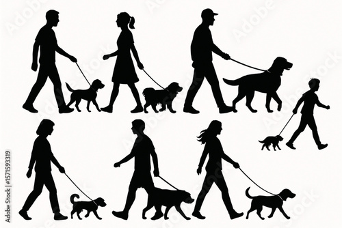 People Walking Dogs Silhouette Vector Set with Various Breeds and Dynamic Poses on White Background