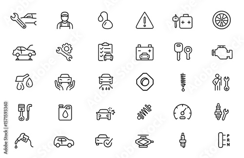 Car Repair line editable icon set, car service and maintenance icons with inspection, engine, mechanic, tools, piston, transmission vector illustration, vehicle maintenance toolkit icons.