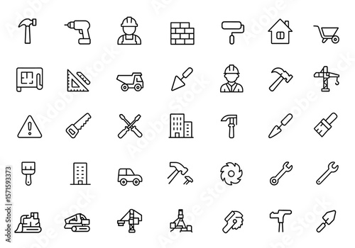 Construction line editable icon set, vector illustration, tool, equipment, renovation, engineering, architect, industry, drill, helmet, blueprint, safety, project, infrastructure, house.