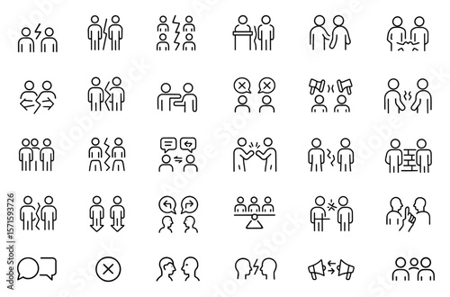 Social polarization icon set, editable stroke, community divide, opinion disparity, socioeconomic gap analysis tool, society segmentation, bias assessment, cutout, vector illustration.