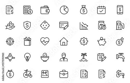 Budgeting editable line icon set, expense tracking and savings planning symbols, finance management controls, money workflow graphics, dashboard elements, vector illustration cutout.