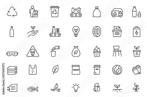 Editable stroke line waste recycling icon set, vector illustration, sustainability icons, eco friendly symbols, circular economy concept, resource management, waste segregation cutout.