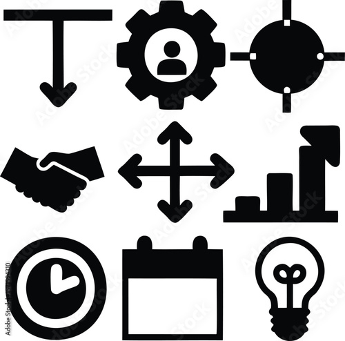 Vector Icons Set for Business Strategy and Planning Including Graphs, Handshake, Calendar, and Light Bulb