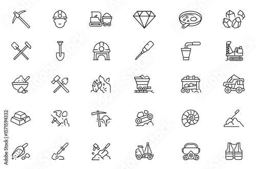 Mining line editable icon set containing pickaxe, miner, excavator, coal wagon, diamond, gold panning, minerals, resource extraction, ore processing cutout. Vector illustration.