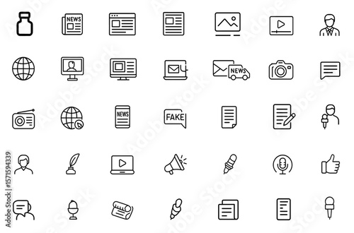 Editable news media icon set in line style, press and journalism symbols: newspaper, microphone, camera, live broadcast, vector illustration, newsroom interface, editorial layouts.