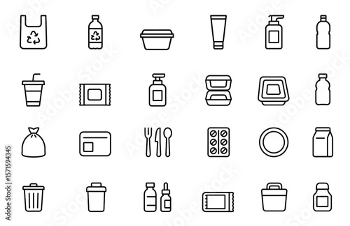 Plastic packaging icon set, editable stroke, recyclable container symbols, bottle, blister pack, cardboard, canister, polymer package outlines, sustainable packaging, vector illustration.