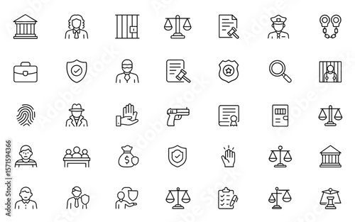 Law and justice line editable icon set, vector illustration of gavel, scales of justice, prison cell, lawyer, handcuffs, jury verdict, investigation, forensic evidence, judicial system.