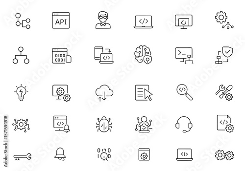 Programming & coding line icon set, editable stroke, vector illustration. Includes programmer, developer, API, web, algorithm, testing, cloud, UI, enterprise software solutions, workflow.