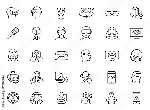 Thin line VR and AR icon set for mixed reality headsets, immersive panoramic vision, hologram controls, gaming UI vector illustration, metaverse experiences, spatial computing.
