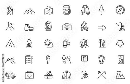 Hiking and Outdoor Adventure Editable Line Icon Set, symbols of mountain trails, camping tent, backpack, compass navigation, binoculars, mountain trail exploration, vector illustration.