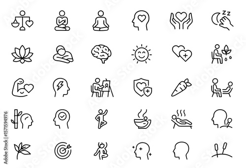 Editable line icon set of mental wellness vector illustration with work-life balance, self-love, meditation, yoga therapy, mindfulness, stress relief, self-care, wellbeing, psychotherapy.