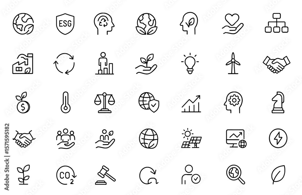 Obraz premium ESG line editable icons set covering environmental governance, social responsibility, sustainability, renewable energy, financial growth, economy analysis, vector illustration cutout.