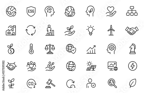 ESG line editable icons set covering environmental governance, social responsibility, sustainability, renewable energy, financial growth, economy analysis, vector illustration cutout.