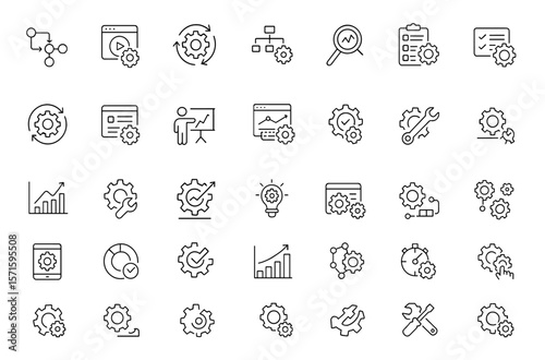 Processing optimization workflow editable line icon set, editable stroke, vector illustration, process management, business efficiency, automation, data analysis, performance improvement,