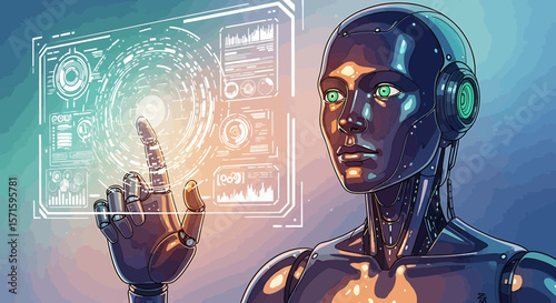 Illustration of a humanoid robot interacting with a futuristic holographic interface panel display