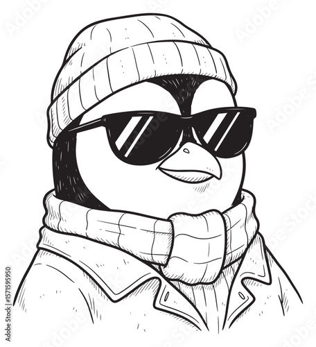 Cool Penguin Illustration in Outline Style, Wearing Beanie, Sunglasses, and Winter Clothes