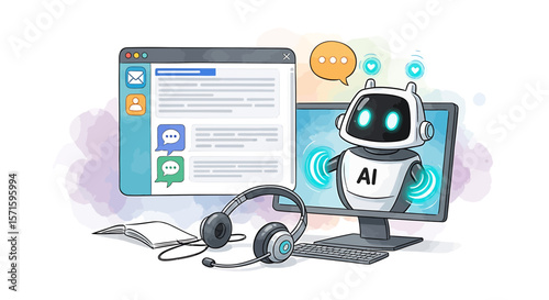 Illustration showing a robot on a computer screen with a headset and chat interface displayed nearby