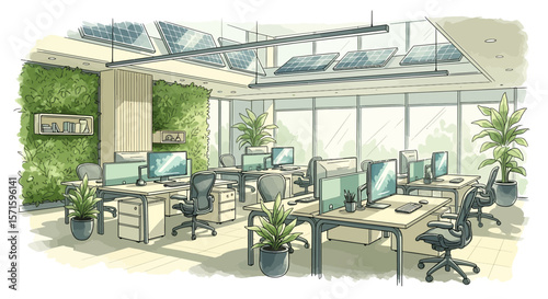 Illustration of a modern office space with green wall, solar panels and multiple workstations