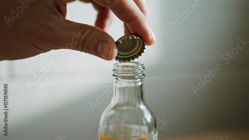 Hand removes golden metal cap from small glass bottle with liquid inside, ready to enjoy a beverage.