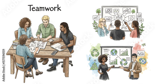 Diverse group collaborating in meetings discussing ideas and sustainable solutions in conference rooms
