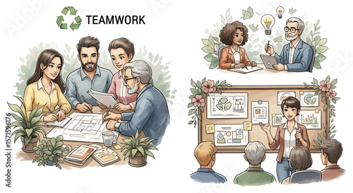 Diverse team collaborating on projects with presentations and brainstorming sessions shown together nicely