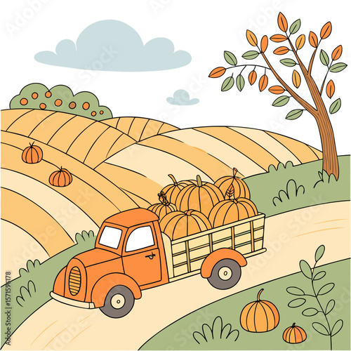 Charming illustration of an orange vintage truck loaded with pumpkins driving through a picturesque autumn landscape with rolling fields and a colorful tree