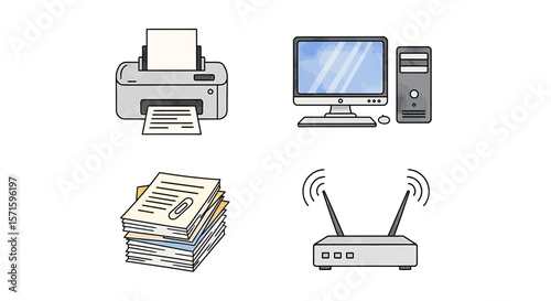 Illustration of office equipment including a printer computer documents and a wireless router device