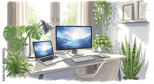 Illustration of a home office setup with a computer and plants in a bright and airy room setting