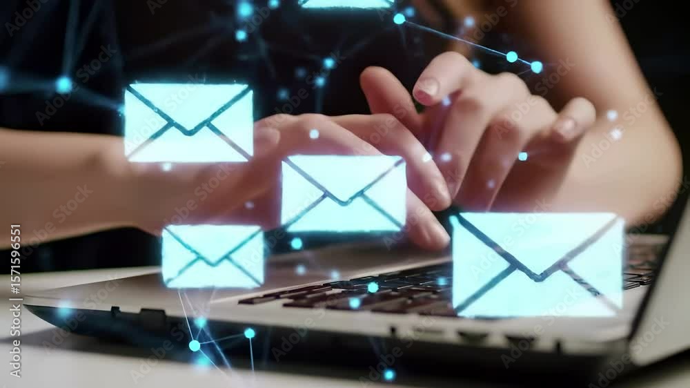 Digital email communication concept with glowing envelope icons and network connections. Hands typing on laptop keyboard with virtual messaging interface. Online correspondence technology.