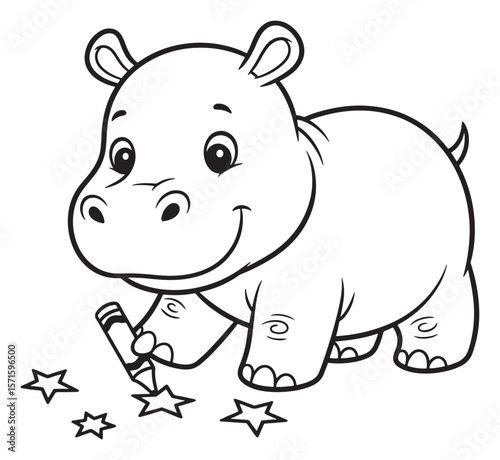 Cartoon Hippo Drawing Stars with a Crayon Illustration in Black and White
