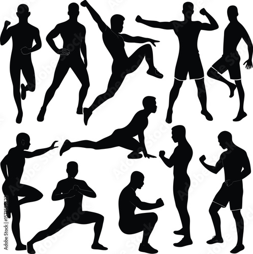 Silhouette of Athletic Men in Various Workout and Fitness Poses